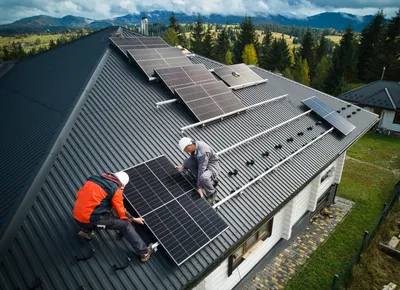 Men workers installing solar panels on roof of house
